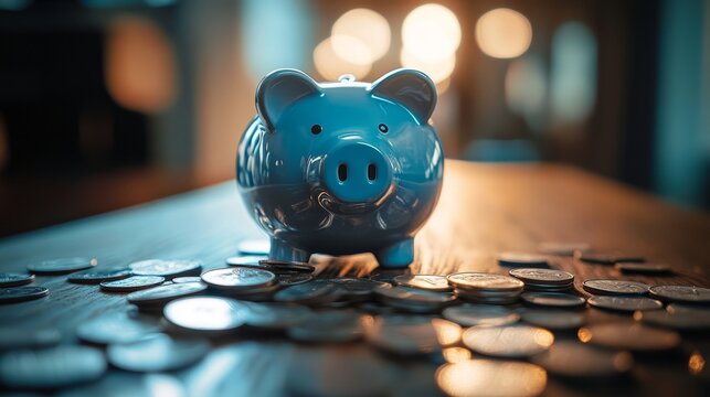 Piggy bank surrounded by scattered coins symbolizes saving and financial growth.
