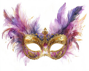 Fototapeta premium An ornate Mardi Gras mask illustration featuring intricate gold and purple designs, decorated with feathers and beads, set against a crisp white background for versatile creative use.