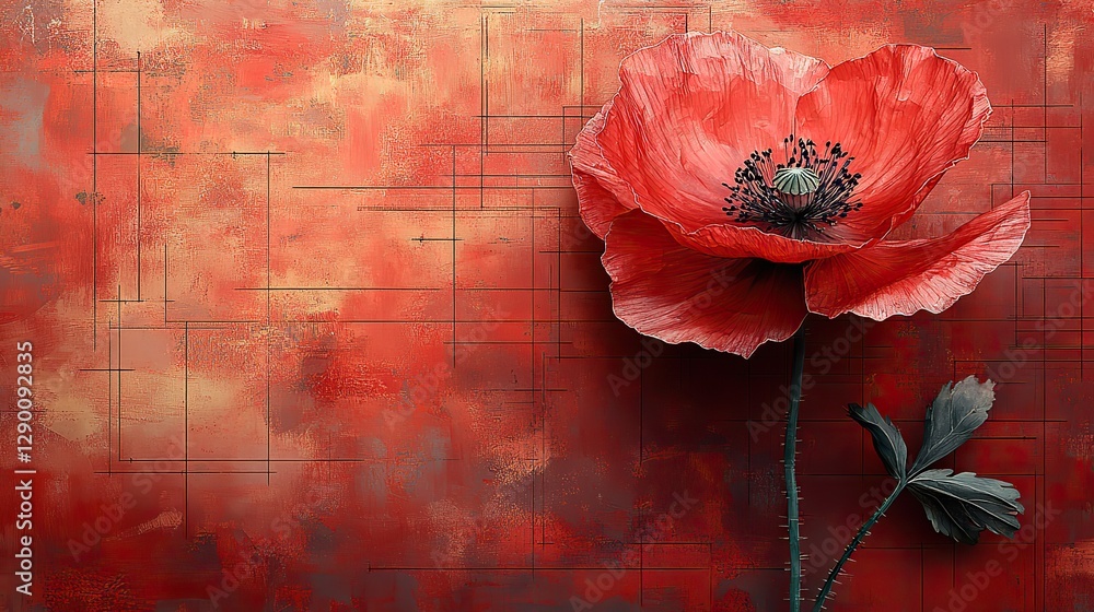 Poster poppy flower design on a redbackground with architectural blueprint elements symbolizing growth and innovation in technology engineering or architecture