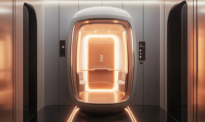 Innovative elevator designed to resemble a futuristic pod, featuring sleek modern technology and cutting-edge design