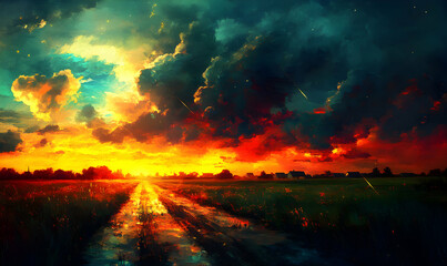 Fototapeta premium Dramatic sunset over a rural landscape, vibrant colors, painted style, country road, shooting stars, fiery sky.