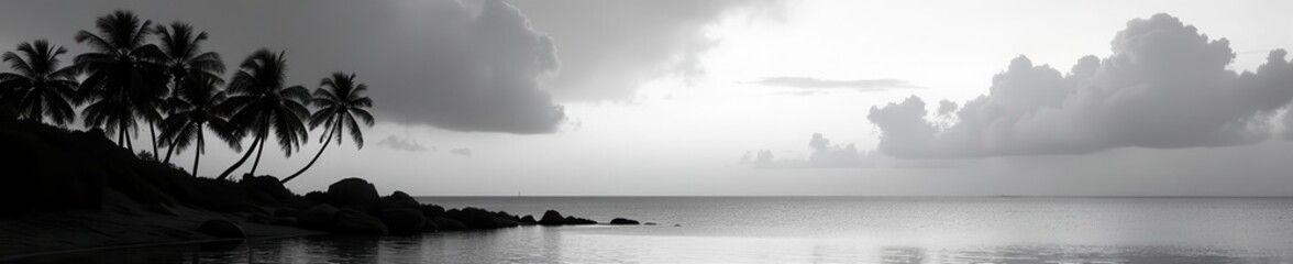 Fototapeta premium Stark silhouettes of palms at waters edge; dramatic black and white image , tropical plants, nature, beach