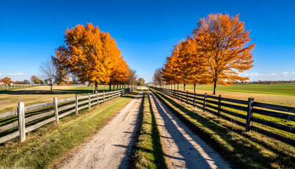 Naklejka premium Serene autumnal landscape; gravel road lined with vibrant orange trees, wooden fence, and open fields under a clear blue sky. Perfect for fall, nature, and tranquility themes.