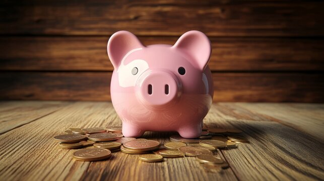 Piggy bank surrounded by scattered coins symbolizes saving and financial growth.
