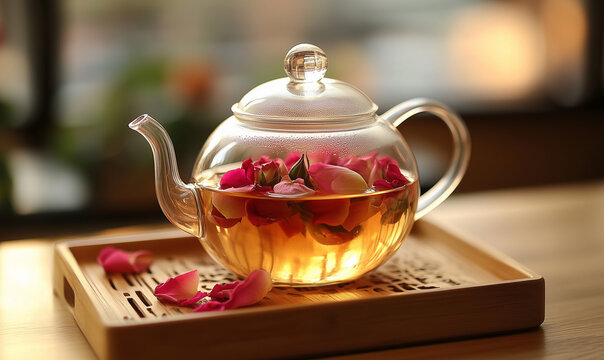 Elegant clear glass teapot filled with peach tea, offering refreshing flavor and sophisticated beverage presentation