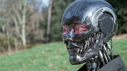 Futuristic robot head in park setting. Possible use Science fiction concept, technology