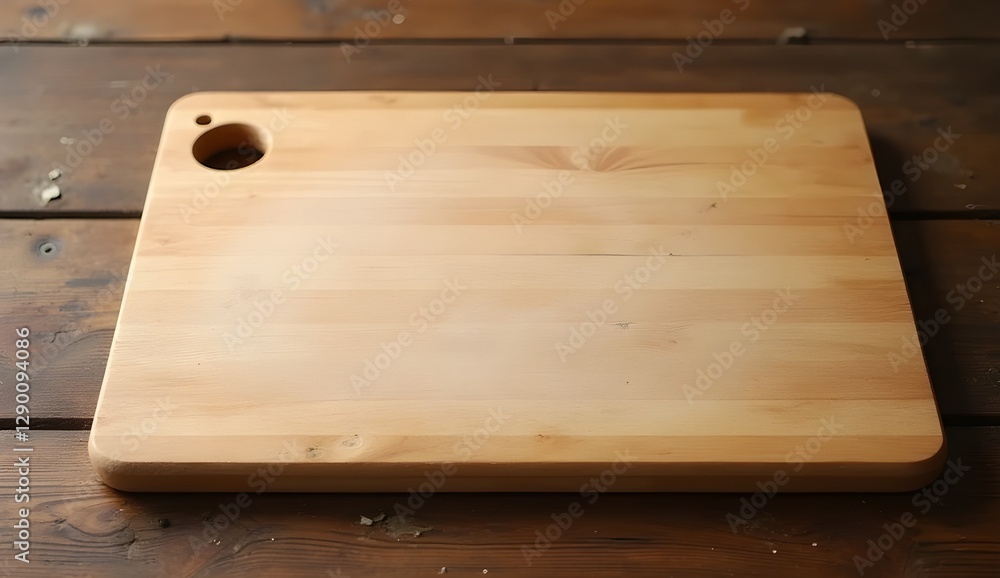 Poster smooth polished empty cutting board resting on a rustic wooden table in warm light