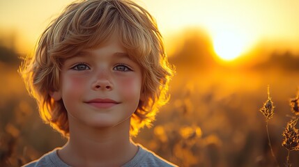 portrait of a boy on a background of the setting sun