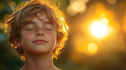 Fototapeta premium portrait of a boy with closed eyes in the forest at sunset