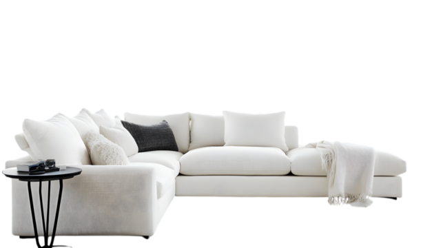 contemporary white sectional sofa in front of a warm fireplace, reflecting clean lines and Nordic charm in a spacious modern living room.