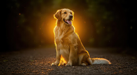 Golden Retriever Dog at Sunset Majestic Canine Portrait Outdoor Nature Photography