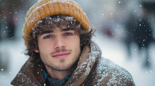 Young man in a winter hat, snow falling. Perfect for winter fashion, travel, or holiday themes.