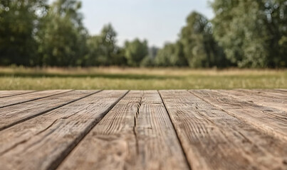 Fototapeta premium Rustic wooden planks close-up, blurred green field background; perfect for product displays or nature themes.