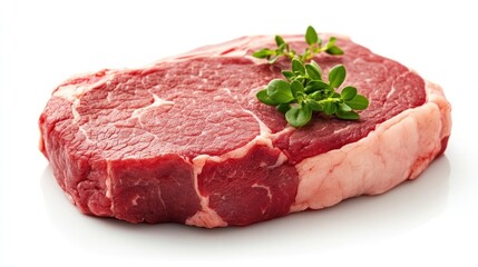 Fresh raw steak with herbs on a clean white background