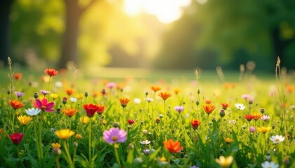 Obraz premium Sun-drenched meadow, vibrant wildflowers bloom , butterfly, ecology