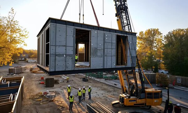 Construction site with workers lifting a modular building at sunset, showcasing teamwork and innovation