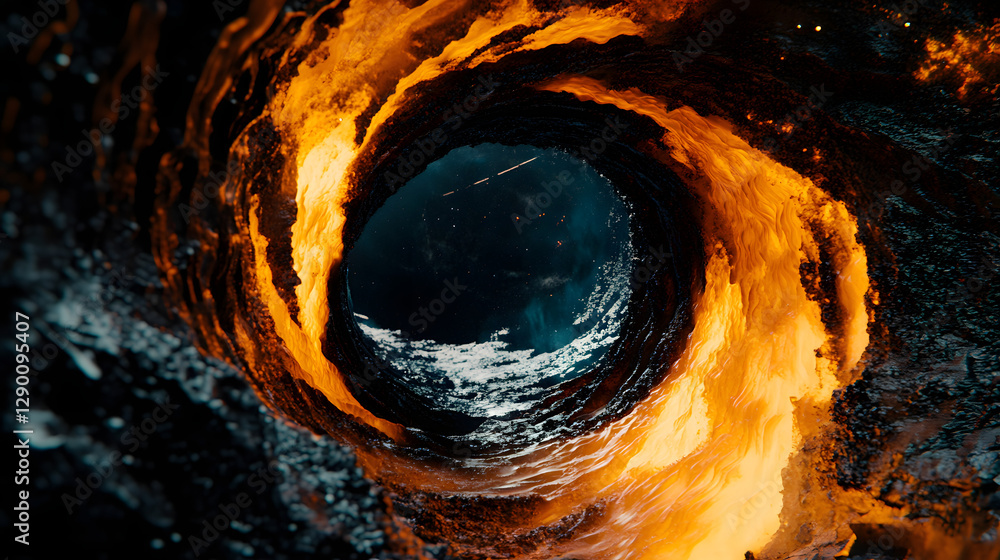 Poster black hole with fiery core displayed in an artistic cosmic representation of space and astronomical 