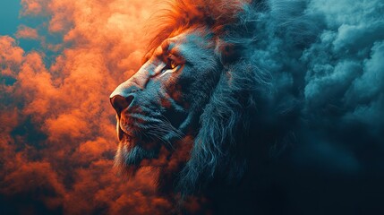 portrait of a lion and jesus in double exposure in the clouds digital painting