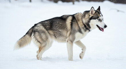 Naklejka premium Siberian Husky Dog Walking in Snowy Winter Landscape