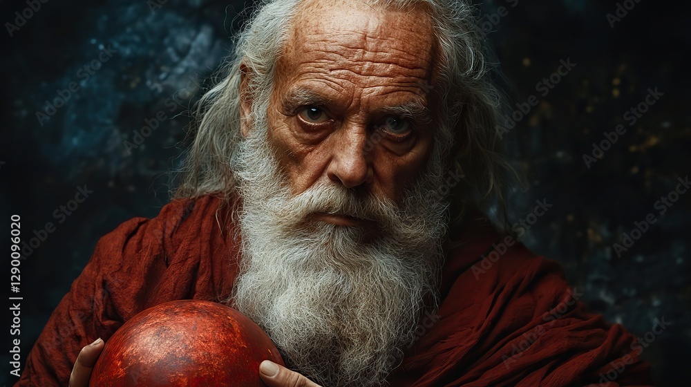 Aufkleber portrait of a pagan god with long white beard in a red robe holding a red globe against the backgrou