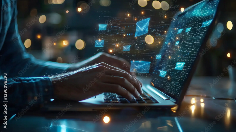 Poster person using laptop computer sending emails digital messages online communication web blue dark work