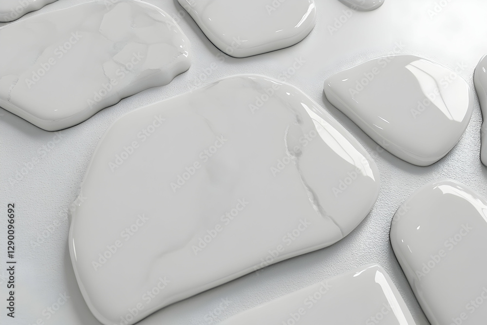 Aufkleber Abstract grayscale image of glossy, irregularly shaped white stones or paint blobs on a textured surface. Ideal for modern design, minimalist backgrounds, and artistic projects.