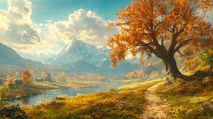 Beautiful Tree on the Bank of an Ancient River Surrounded by Mountains