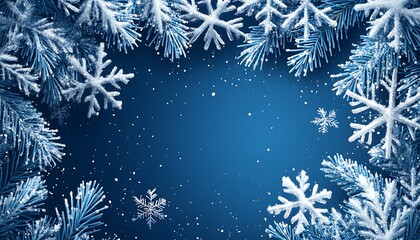 Snowy branches, winter frame, blue background, holiday card
