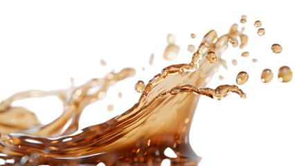 fluid brown liquid splash of soda or tea cascading in abstract 3D forms, isolated on a clean transparent backdrop.
