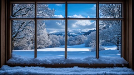 Snowy winter landscape viewed through a window.
