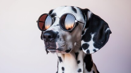 Dalmatians dog wearing round sunglasses, set against a vibrant, white backdrop; showcasing intricate details of its plumage and a focused, almost inquisitive expression.