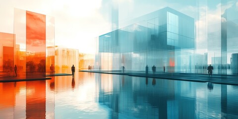 Modern architecture with glass buildings and reflective water surface