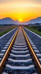 Fototapeta premium Scenic train track meandering through landscape with a beautiful sunset casting golden hues on the horizon