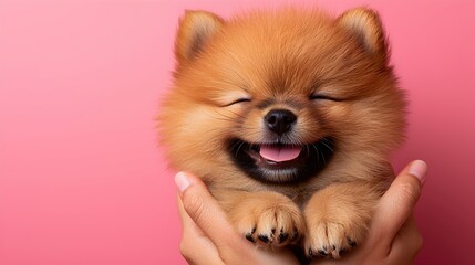 Obraz premium Happy Pomeranian Puppy Smiling in Hands Against Pink Background