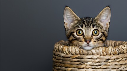 Cute Tabby Kitten Peeking Out from a Woven Basket in Soft Light
