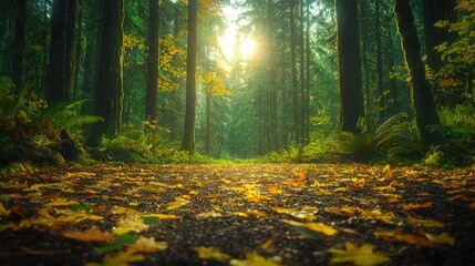 Fototapeta premium Autumn path through sunlit forest