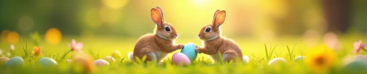 Fototapeta premium Two charming rabbits share colorful eggs in a sunny spring meadow , springtime, bunny, rabbits