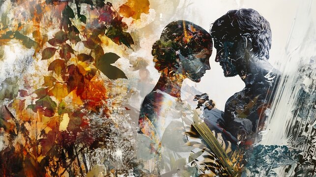 Adam Eve in an abstract art piece focusing on the themes of creation and fall