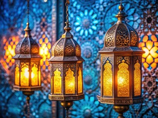 Obraz premium Antique-style photo: golden Ramadan lanterns, ornate blue background, festive Eid Mubarak.