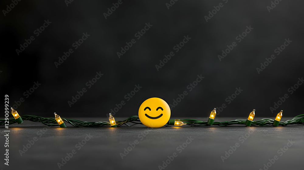 Poster smiling yellow face with glowing string lights on dark background