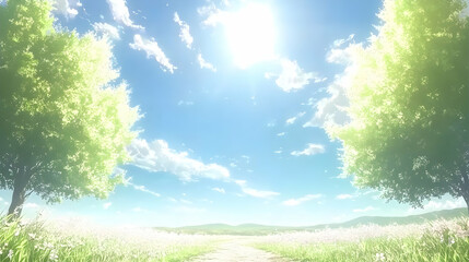 Obraz premium Serene landscape featuring a sunlit path through a field of wildflowers, framed by lush green trees under a bright blue sky. Ideal for illustrating peace, tranquility, and nature's beauty.