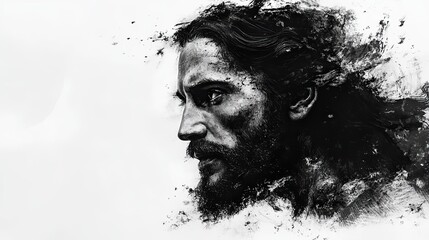 portrait of jesus christ in black and white digital illustration
