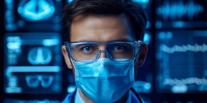 Doctor wearing protective eyewear and mask in a medical setting