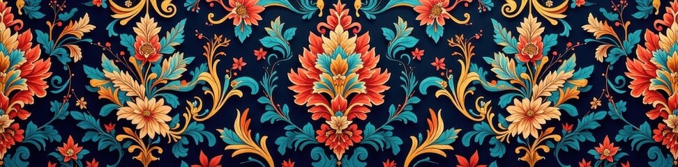 Intricate damask pattern, swirling vines and leaves, scroll, seamless background