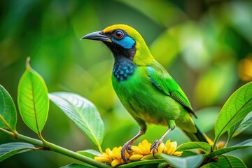 Obraz premium A Sri Lankan Jerdon's Leafbird enjoys its morning meal.