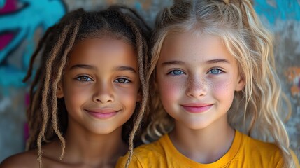 portrait of two young girl in front of graffiti wall