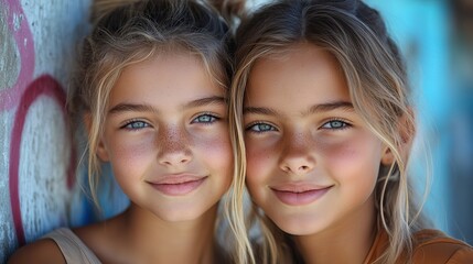 Fototapeta premium portrait of two young girl in front of graffiti wall