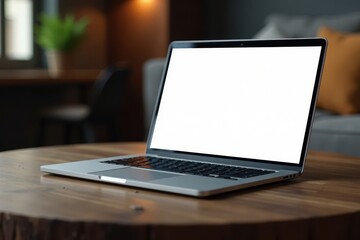 Modern laptop displaying blank screen rests on rustic coffee table , clean, mac
