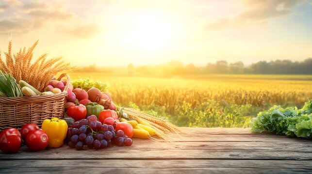 Bountiful Harvest Scene with Fresh Fruits and Grains at Sunset