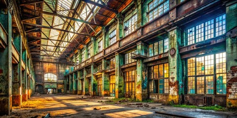 Atmospheric urban exploration: decaying factory, rust, grunge textures, post-industrial darkness.